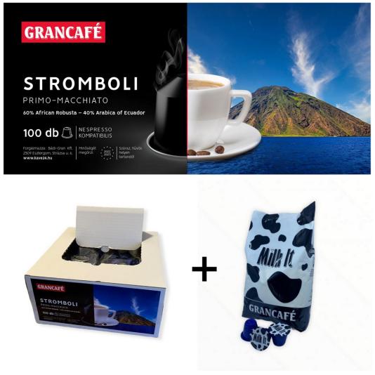 STROMBOLI primo macchiato 60% African Robusta - 40% Arabica of Ecuador MEGAPACK csomag – Nespresso® kompatibilis kávékapszula + Milk It tejkapszula